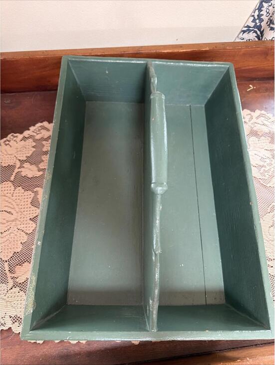 Antique wood cutlery caddy Green Paint utensil carrier Centerpiece Country Farm - Picture 3 of 13